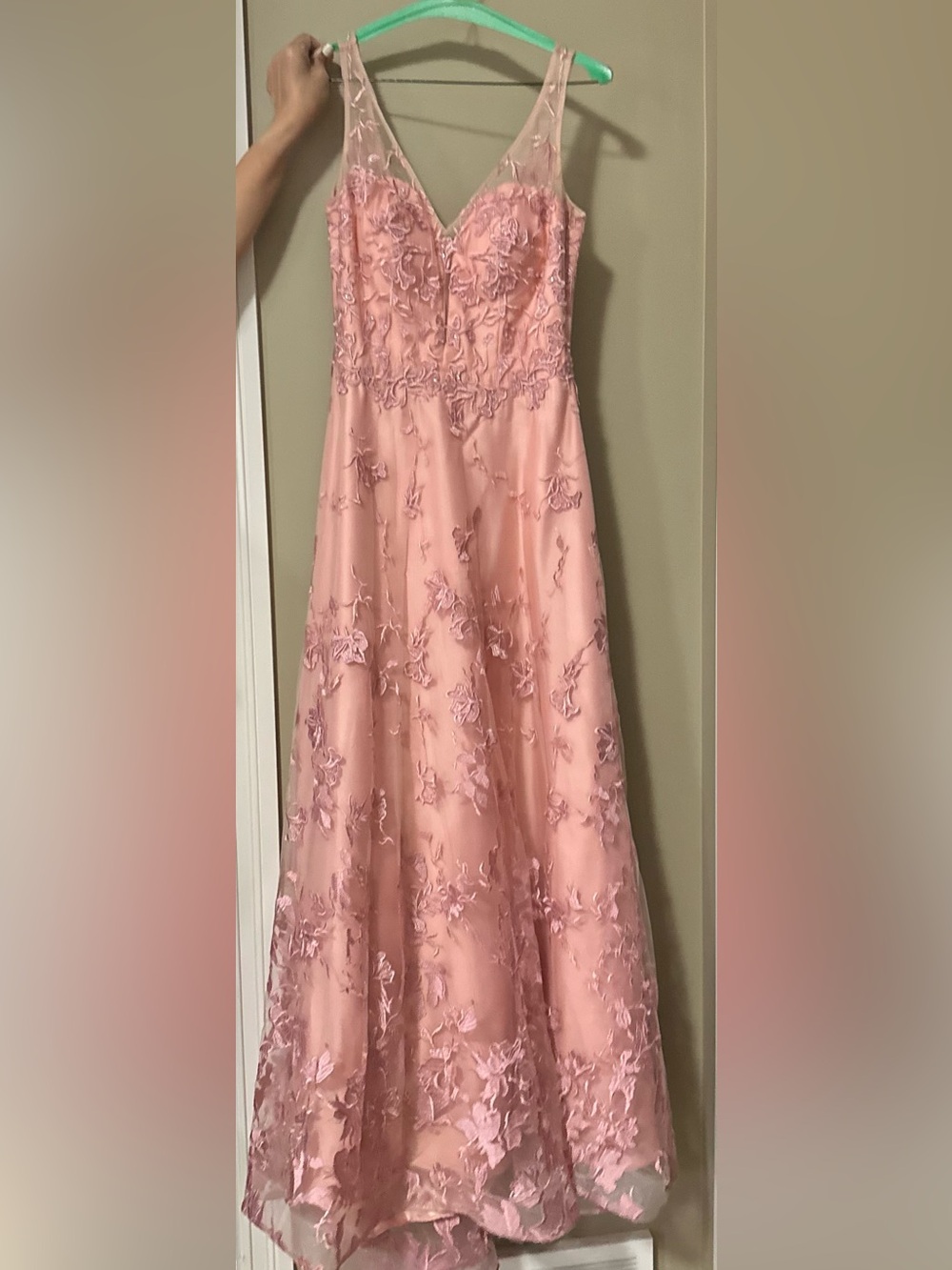 Elegant Pink Floral A-Line Wedding Dress with Sheer V-Neck